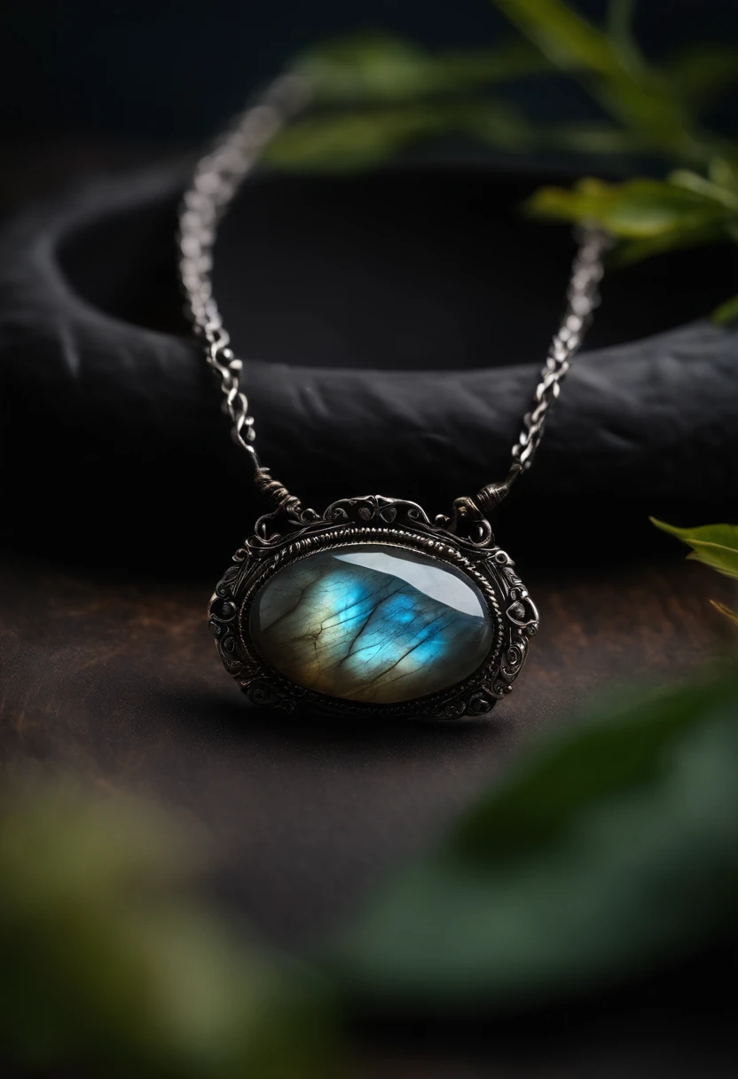 On the table is placed a necklace with a unique design made of natural labradorite,(choker necklace),4k高清,(Real Photographics),Masterpiece, Best quality