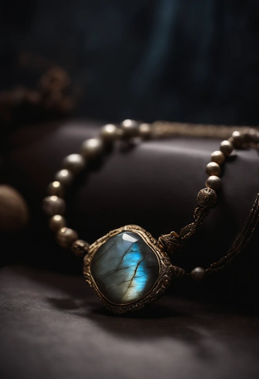 On the table is placed a necklace with a unique design made of natural labradorite,(choker necklace),4k高清,(Real Photographics),Masterpiece, Best quality