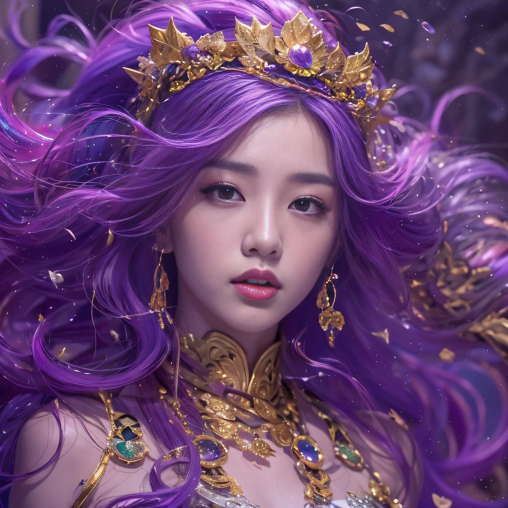 Genki Girl 32K（tmasterpiece，k hd，hyper HD，32K）Long flowing bright purple hair，Autumn Pond，zydink， a color，  Asian people （Genki girl）， （Silk scarf）， Combat posture， looking at the ground， long whitr hair， Floating bright purple， Fire cloud pattern gold tiara， Chinese long-sleeved gold silk garment， （Abstract metaverse splash：1.2）， white backgrounid，Lotus Vitality Protector（realisticlying：1.4），Bright purple hair，Smoke on the road，The background is pure， A high resolution， the detail， RAW photogr， Sharp Re， Nikon D850 Film Stock Photo by Jefferies Lee 4 Kodak Portra 400 Camera F1.6 shots, Rich colors, ultra-realistic vivid textures, Dramatic lighting, Unreal Engine Art Station Trend, cinestir 800，A girl with flowing bright purple long hair