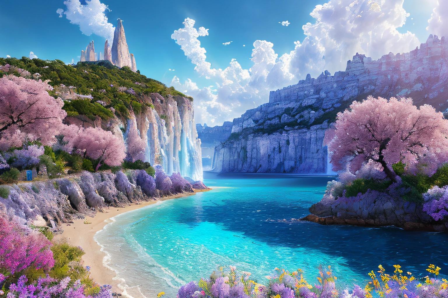 paysage futuriste, Eau bleu azur,fleurs (Highly detailed CG Unit 8k wallpaper), The most beautiful work of art in the world, Professional majestic oil painting, complexe, High detail, mise au point nette, dramatique, Art of photorealist painting,