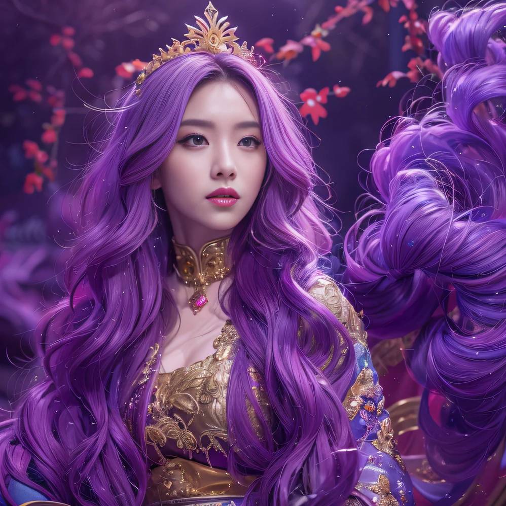 Genki Girl 32K(tmasterpiece,k hd,hyper HD,32K)Long flowing bright purple hair,Autumn Pond,zydink, a color, Asian people (Genki girl), (Silk scarf), Combat posture, looking at the ground, long whitr hair, Floating bright purple, Fire cloud pattern gold tiara, Chinese long-sleeved gold silk garment, (Abstract metaverse splash:1.2), white backgrounid,Lotus Vitality Protector(realisticlying:1.4),Bright purple hair,Smoke on the road,The background is pure, A high resolution, the detail, RAW photogr, Sharp Re, Nikon D850 Film Stock Photo by Jefferies Lee 4 Kodak Portra 400 Camera F1.6 shots, Rich colors, ultra-realistic vivid textures, Dramatic lighting, Unreal Engine Art Station Trend, cinestir 800,A girl with flowing bright purple long hair