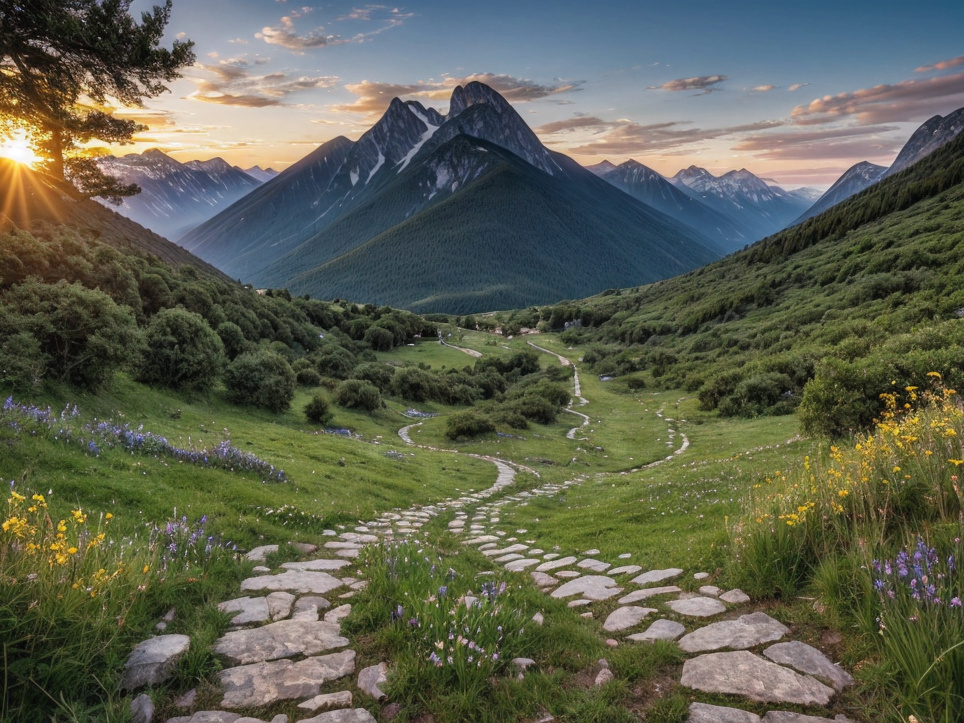 very high resolution, (fidelity: 1.4), photo, day, best quality, 8k, (masterpiece: 1.3), ultra realistic, sunset, spring, lush vegetation, only 1 path, 1 path with boulders on the side of the route, leading path mountain top, path high in the mountains, very high mountains, peaks visible in other mountains, best quality, very high resolution, raw photo, bright diffused light, hyperrealistic, detailed nature,