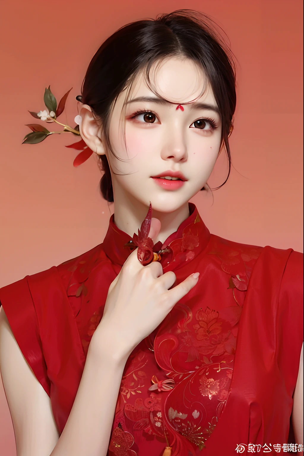 a close up of a woman with a red dress on，A flower stuck in his hair, Chinese style, Wearing a red cheongsam, Cheongsam, Inspired by Dai Xi, inspired by Ma Yuanyu, Inspired by Huang Ji, with acient chinese clothes, Inspired by Tang Yifen, inspired by Xu Xi, inspired by Chen Daofu, Chinese traditional