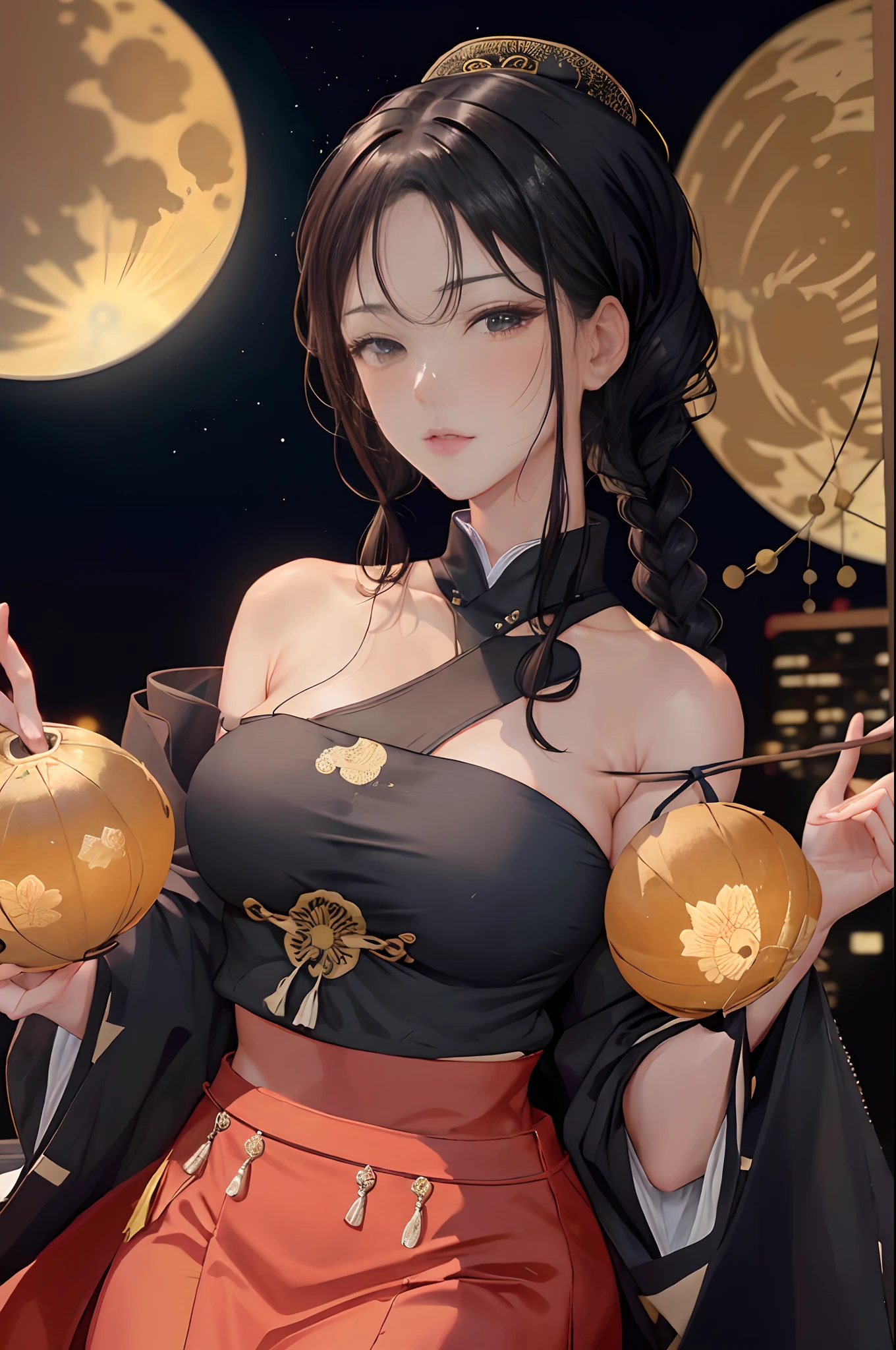 Mid-Autumn Festival，A bright moon hangs in the sky，An oriental woman，Wearing a cheongsam skirt，Now on top of high-rise buildings，outstanding，High-quality image quality，The face is clear，Look into the distance，ssmile，The upper part of the body，cabelos preto e longos。