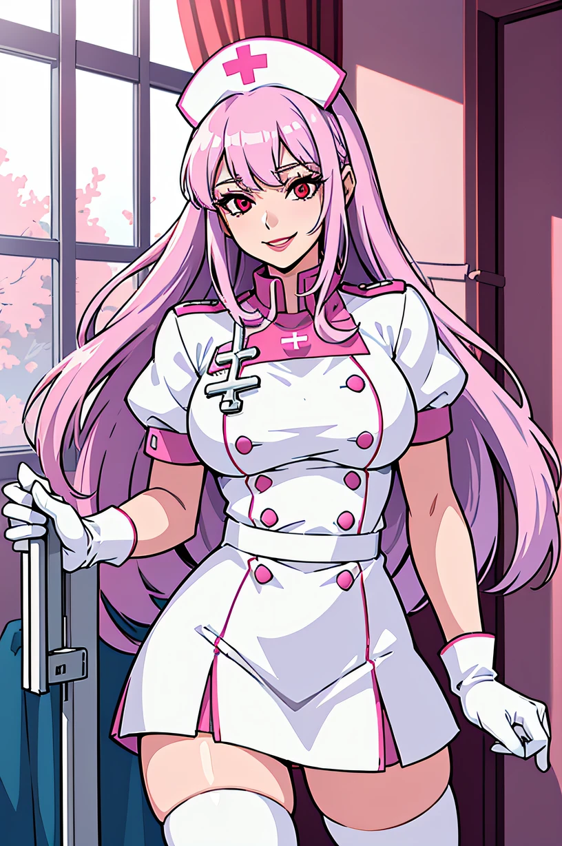 1woman, nurse, nurse cap, white wear, ((white legwear, zettai ryouiki)), white gloves, long hair, purple hair, red eyes, pink lips, smile, standing, ((hospital room)), sharp outline, short sleeves, mature female, 35 years old, best quality, masterpiece