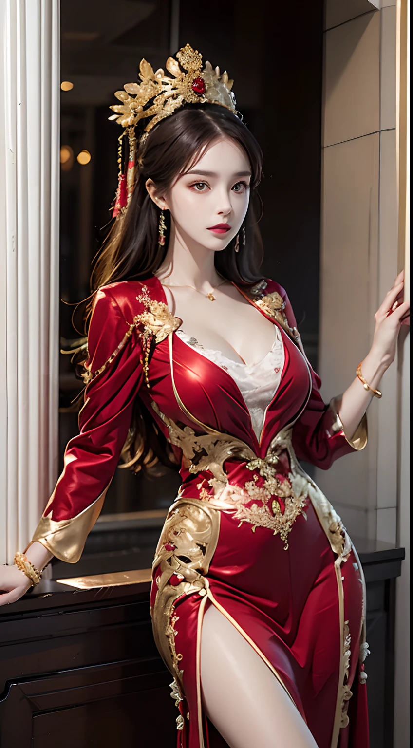 Photorealistic, high resolution, 1 woman, Hips up, Beautiful eyes, Long hair, tattoo, jewelry, ringed eyes, Red and gold dress, head gear