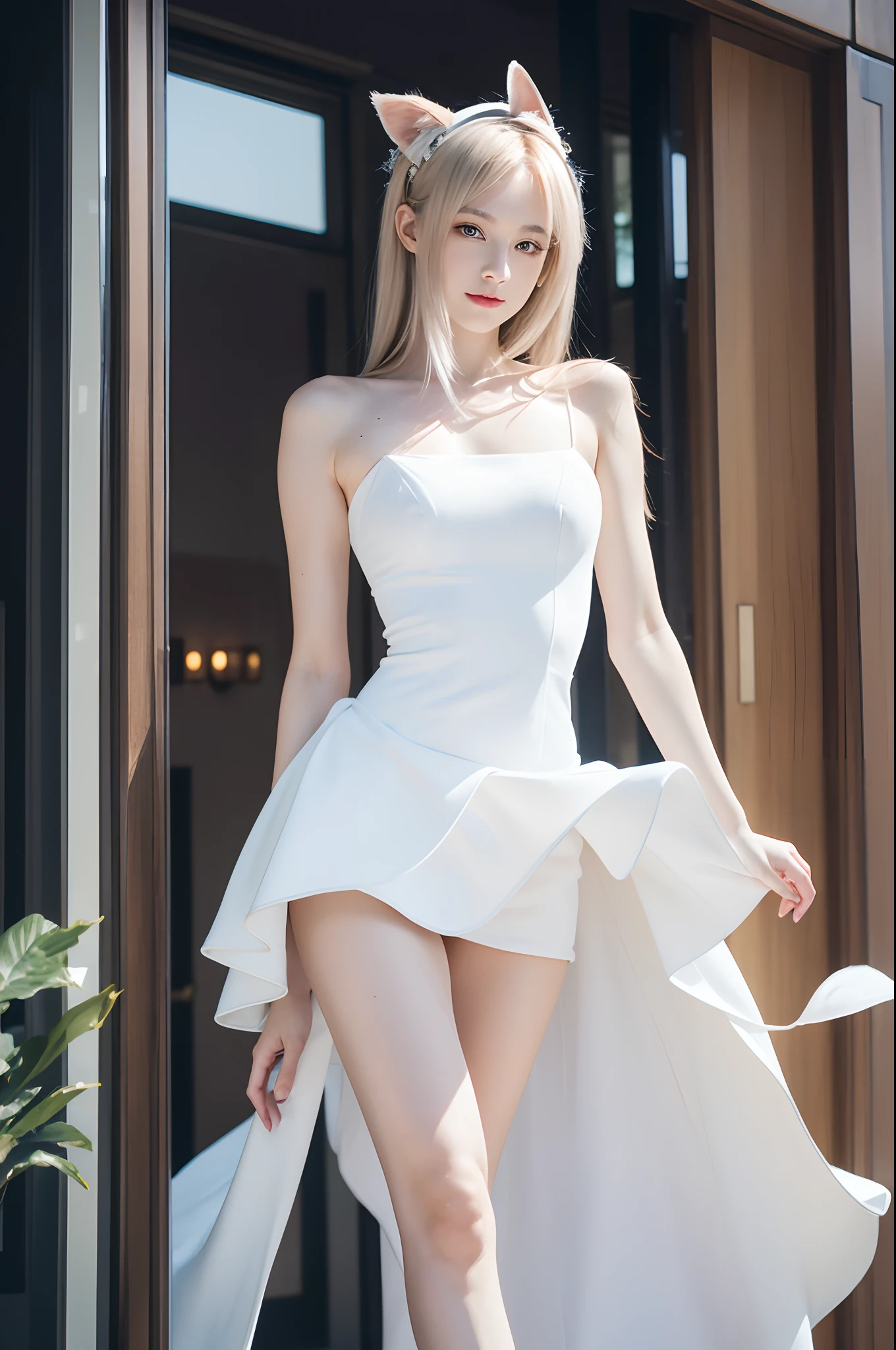 1girl, blonde, from front, white top, black skirt, standing, crossed legs, long stright blonde hair, barefoot, blush, feet, masterpiece, best quality, perfect face