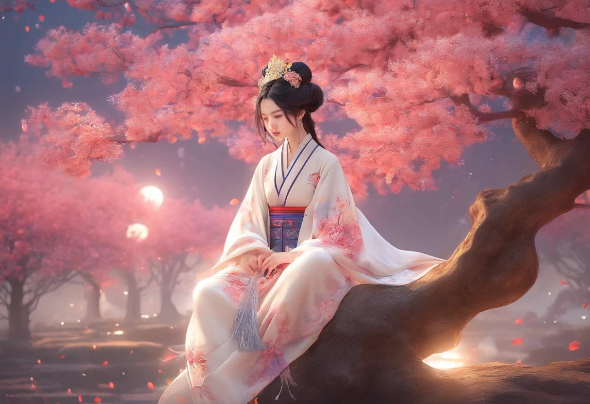 tmasterpiece,超高分辨率,Photorealistic photos,the night,Full body portrait of a Chinese fairy,Delicate face,Delicate hair accessories,Barefoot,Float in the air,Look up at the perspective,Huge palace,The Milky Way and the Giant Moon,Gauze skirt Hanfu,an osmanthus tree,Osmanthus flutters,
