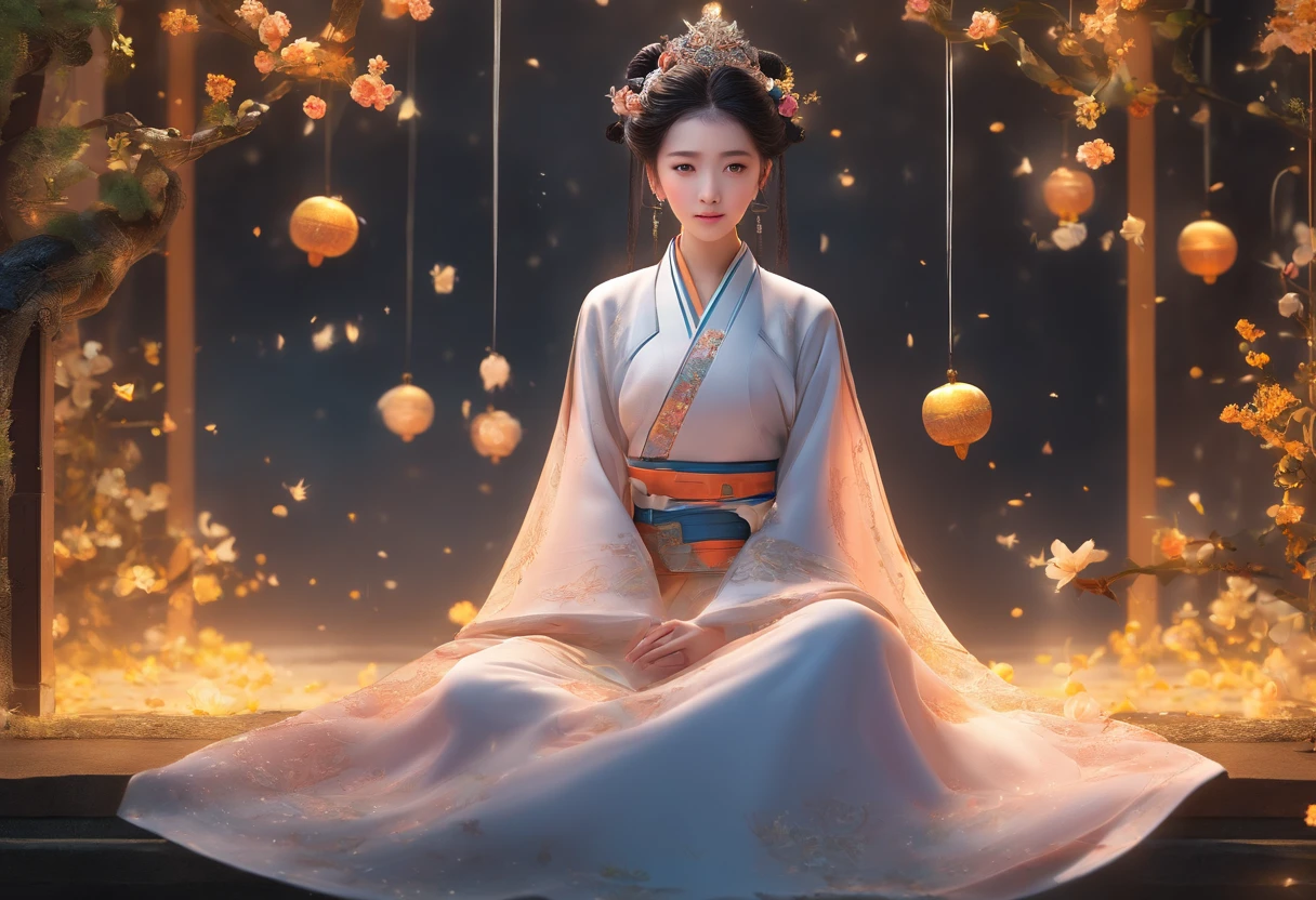 tmasterpiece,超高分辨率,Photorealistic photos,the night,Full body portrait of a Chinese fairy,Delicate face,Delicate hair accessories,Barefoot,Float in the air,Look up at the perspective,Huge palace,The Milky Way and the Giant Moon,Gauze skirt Hanfu,an osmanthus tree,Osmanthus flutters,