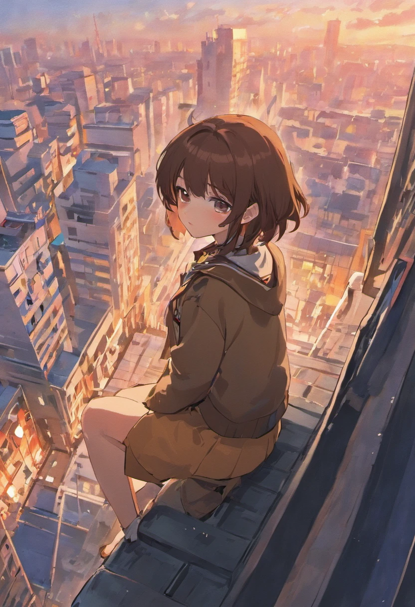 Short brown hair JK uniform girl，Sit sideways on the rooftop of the building