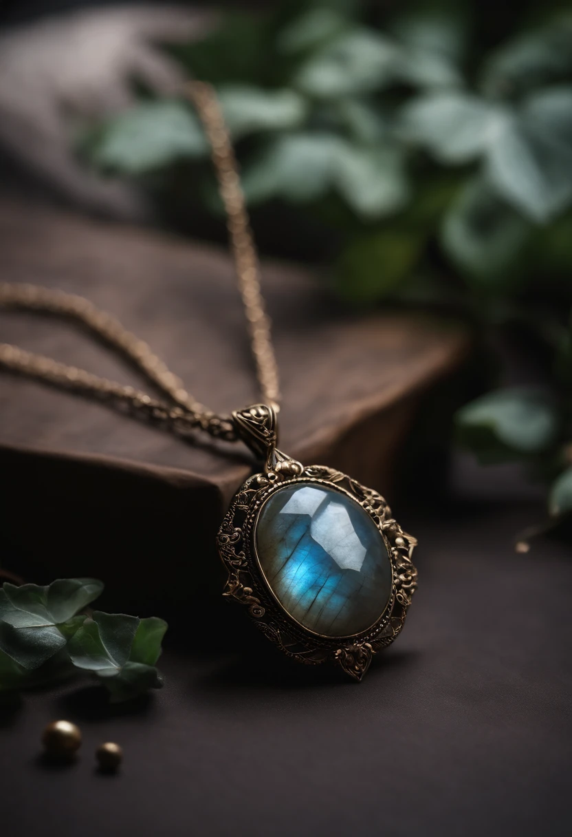 On the table is placed a necklace with a unique design made of natural labradorite,(choker necklace),4k高清,(Real Photographics),Masterpiece, Best quality
