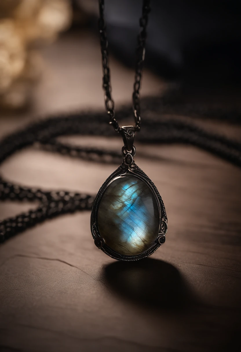 On the table is placed a necklace with a unique design made of natural labradorite,(choker necklace),4k高清,(Real Photographics),Masterpiece, Best quality