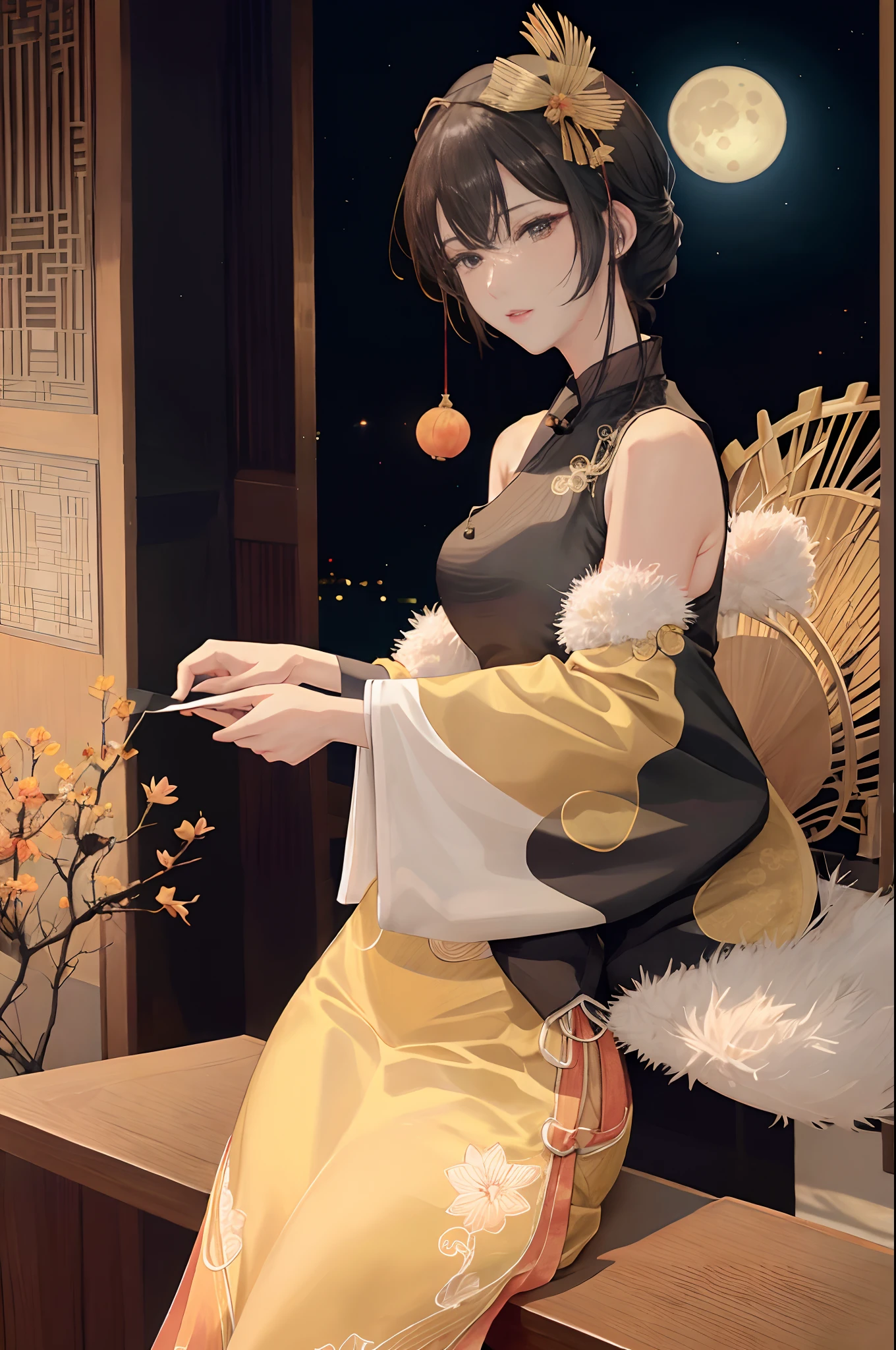Mid-Autumn Festival,A bright moon hangs in the sky,An oriental woman,Wearing a cheongsam skirt,Now on top of high-rise buildings,outstanding,High-quality image quality,The face is clear,Look into the distance,ssmile,The upper part of the body,cabelos preto e longos。