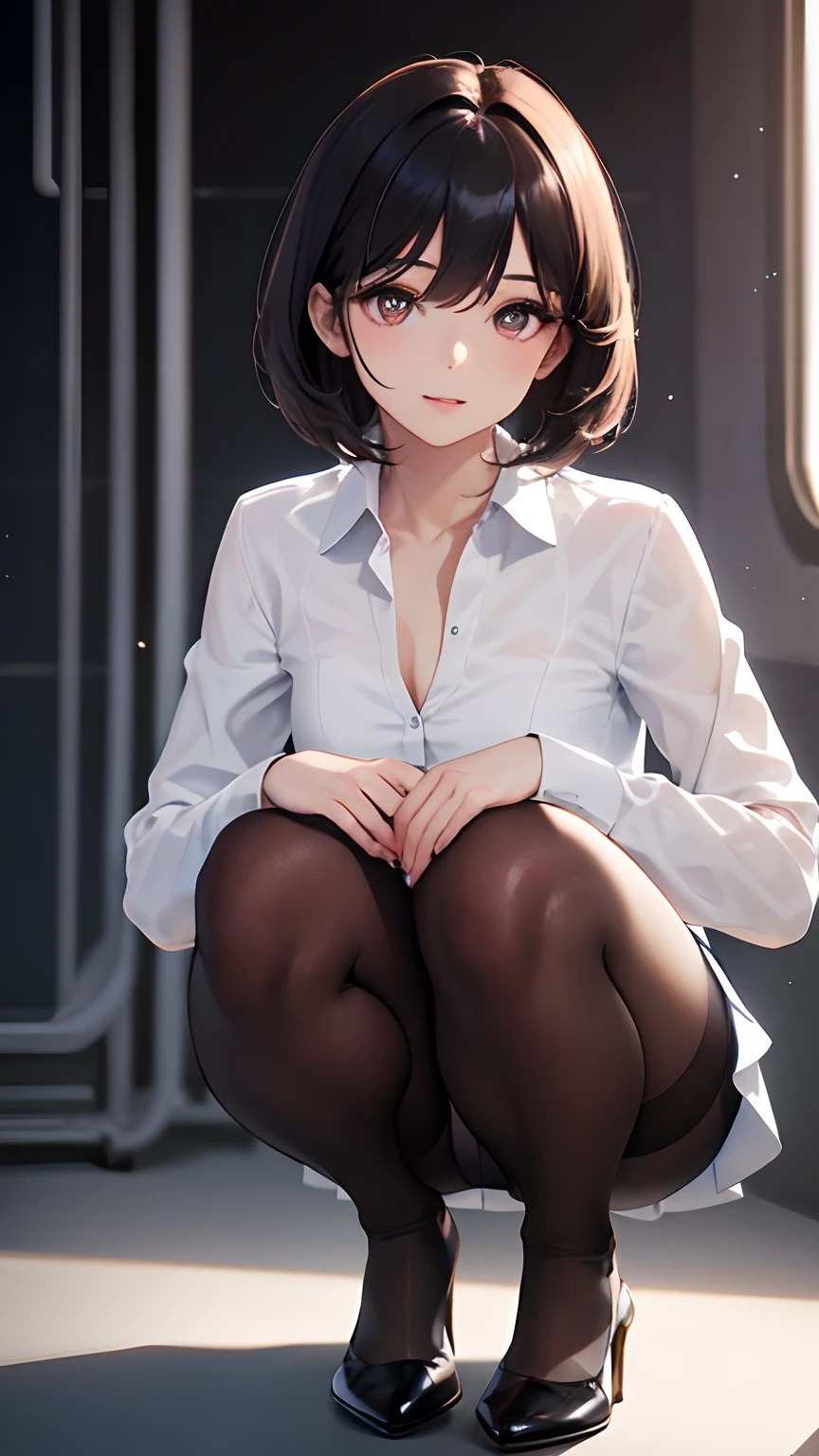 1 flight attendant, 独奏, , White high heels, White transparent skinny shirt, white mini-skirt, tmasterpiece, Best quality at best, realisticlying, ultra - detailed, (shiny skins, perspired:1.4), absurderes, looking at viewert, with short black hair, with brown eye,Slender,Dynamic light and shadow,A high resolution,Sharp focus,depth of fields,The eyes are delicate,Sharp pupils,pupil realistic,(Rounded chest),(Long legs:1.4),Planes,squatting pose,black pantyhoses,cleanness,stocklings,blackstockings,cropped shoulders,Toes,
