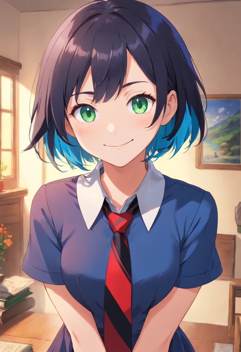 (red shirt, black necktie), Short Hair, blue  hair, very detail, ((tmasterpiece)), green eyes, smiling, cute black dress