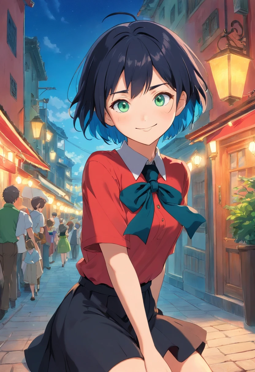 (red shirt, black necktie), Short Hair, blue hair, very detail, ((tmasterpiece)), green eyes, smiling, cute black dress