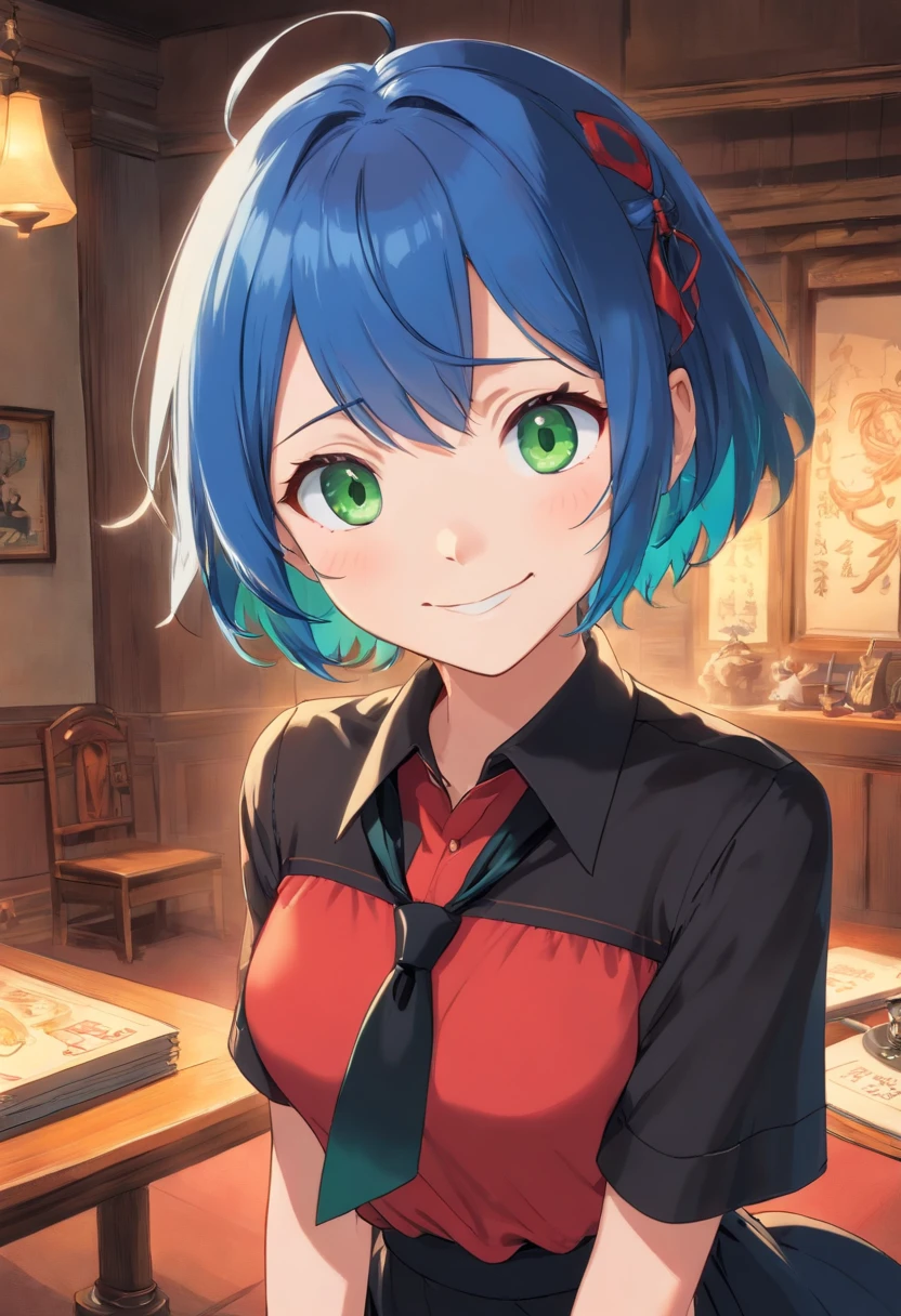 (red shirt, black necktie), Short Hair, blue  hair, very detail, ((tmasterpiece)), green eyes, smiling, cute black dress