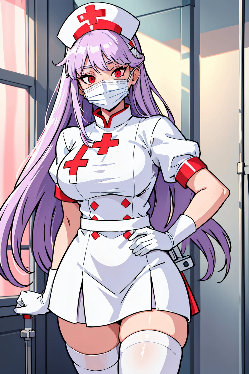 1woman, nurse, nurse cap, white wear, ((white legwear, zettai ryouiki)), white gloves, long hair, purple hair, red eyes, ((white surgical mask, covered nose)), standing, ((hospital room)), sharp outline, short sleeves, mature female, 35 years old, best quality, masterpiece