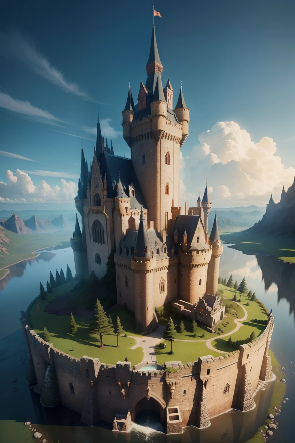 A fantasy world with a castle, the castle is made out of stone variants, with a lava moat around the castle