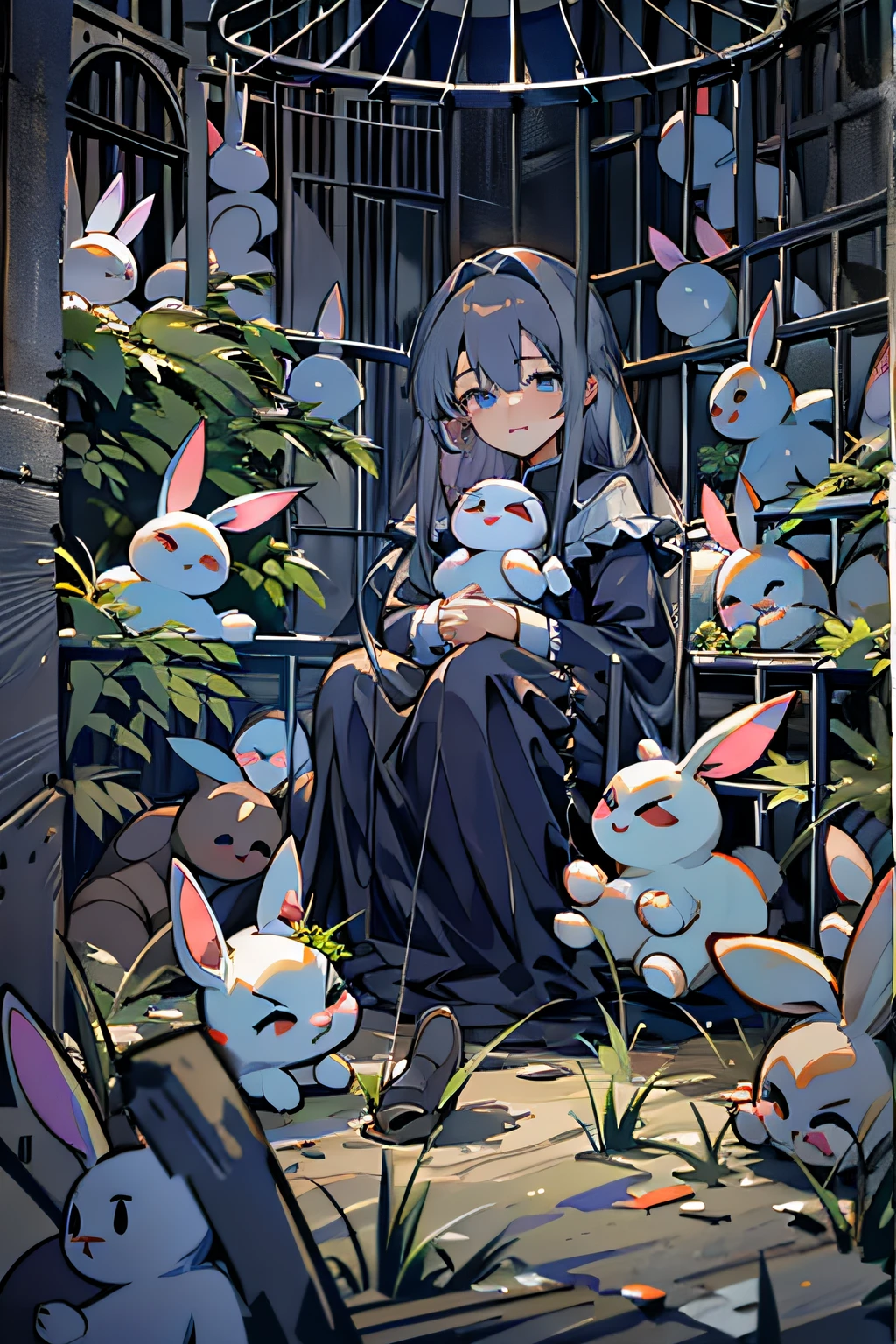 There was a girl sitting on a pile of stuffed animals, Dark hair, Blue eyes, (cowboy_Shot:1.2), full bodyesbian，Face focus, Long hair, side locks, Scared,(terrified:1.1) expression, Dressed in a gothic maid outfit，Holding a bunny doll, Atmospheric lighting, Moody, Darkness, In a birdcage-like prison, There are many scattered rabbit dolls on the ground, Dusty, Post-apocalypse, 锁链, masterful, Beautiful 8k wallpaper, Extremely detailed, iintricate，Guweiz in Pixiv ArtStation, Guweiz on ArtStation Pixiv, Guviz-style artwork, Guviz, trending on artstation pixiv, eerie art style, guweiz masterpiece, by Kamagurka, Creepy!!, zerochan art