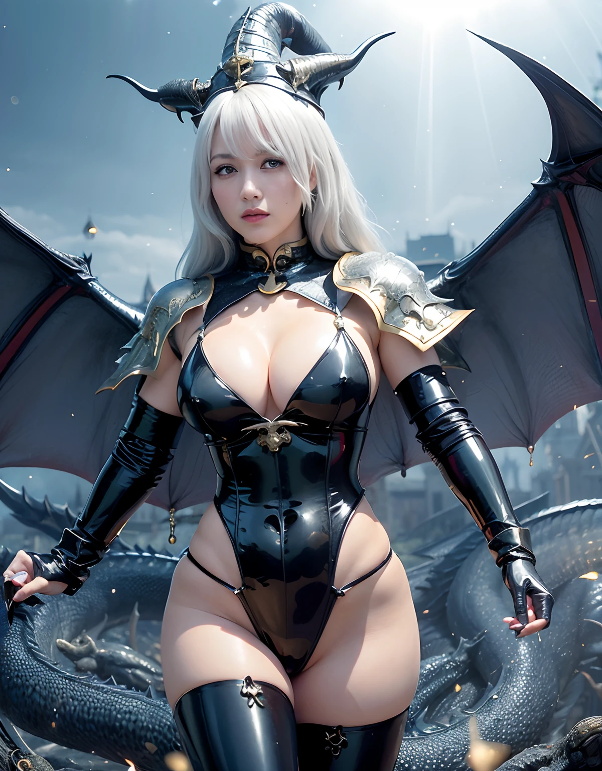 ((World of Darkness)),Professional , masterpiece、top-quality、photos realistic , depth of fields 、Golden Magic Wand、(((Fight dragons))),(Dragon Black Metal Body:1.9),(latex black-blue、(cleavage of the breast),(Fight dragons)、、(((Particles of light))),(Micro Bikini Armor:1.7),Gorgeous gold weapons ,(Fight dragons)、Seductive look、The face of the dragon is out、(blood splattere、Armpit、((((With a magic wand))), ) , (((Wearing a black latex wizard hat))),(demonic wings) ,((a blond))、(Castle background)、((Gangle's forest background))、Beautiful Caucasian beauty、1a person、Armpit、dynamic ungle,(((Detailed Silver Dragon Wizard Hat)))、Smaller head、A smile、Castle background、Thin and beautiful female hands、cleavage of the breast、Soldier in iron armor on background、Mystical expression、Light Effects、intense fighting、Wind-effect、magic circles、With the legendary magic wand、Dragon's tail、explosions、Toostock、Toostock、(Beautuful Women),