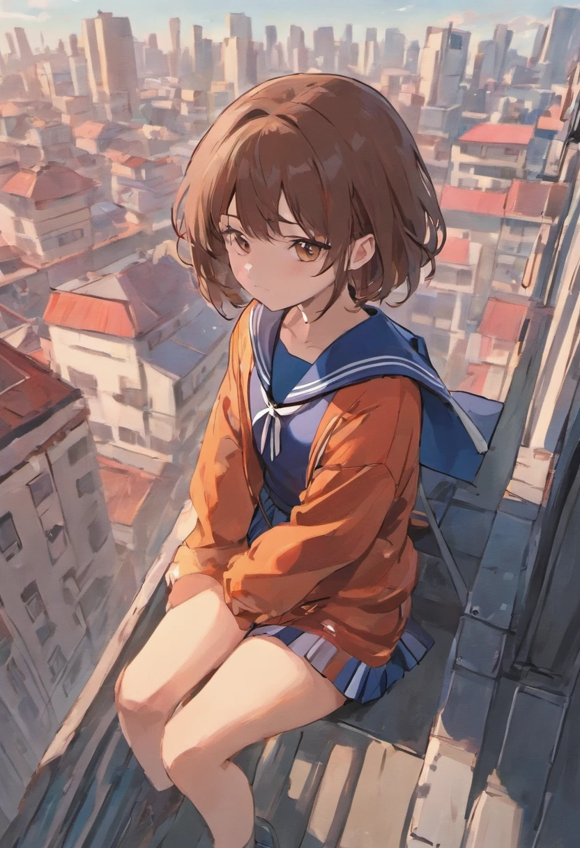 Short brown hair JK sailor suit girl,Sit sideways on the rooftop of the building,beautiful weather,Top view