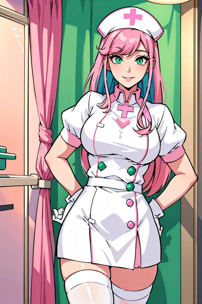 1woman, nurse, nurse cap, white wear, ((white legwear, zettai ryouiki)), white gloves, drooping eyes, green eyes, pink hairs, pink lips, smile, standing, ((hospital room)), sharp outline, short sleeves, mature female, 32 years old, best quality, masterpiece