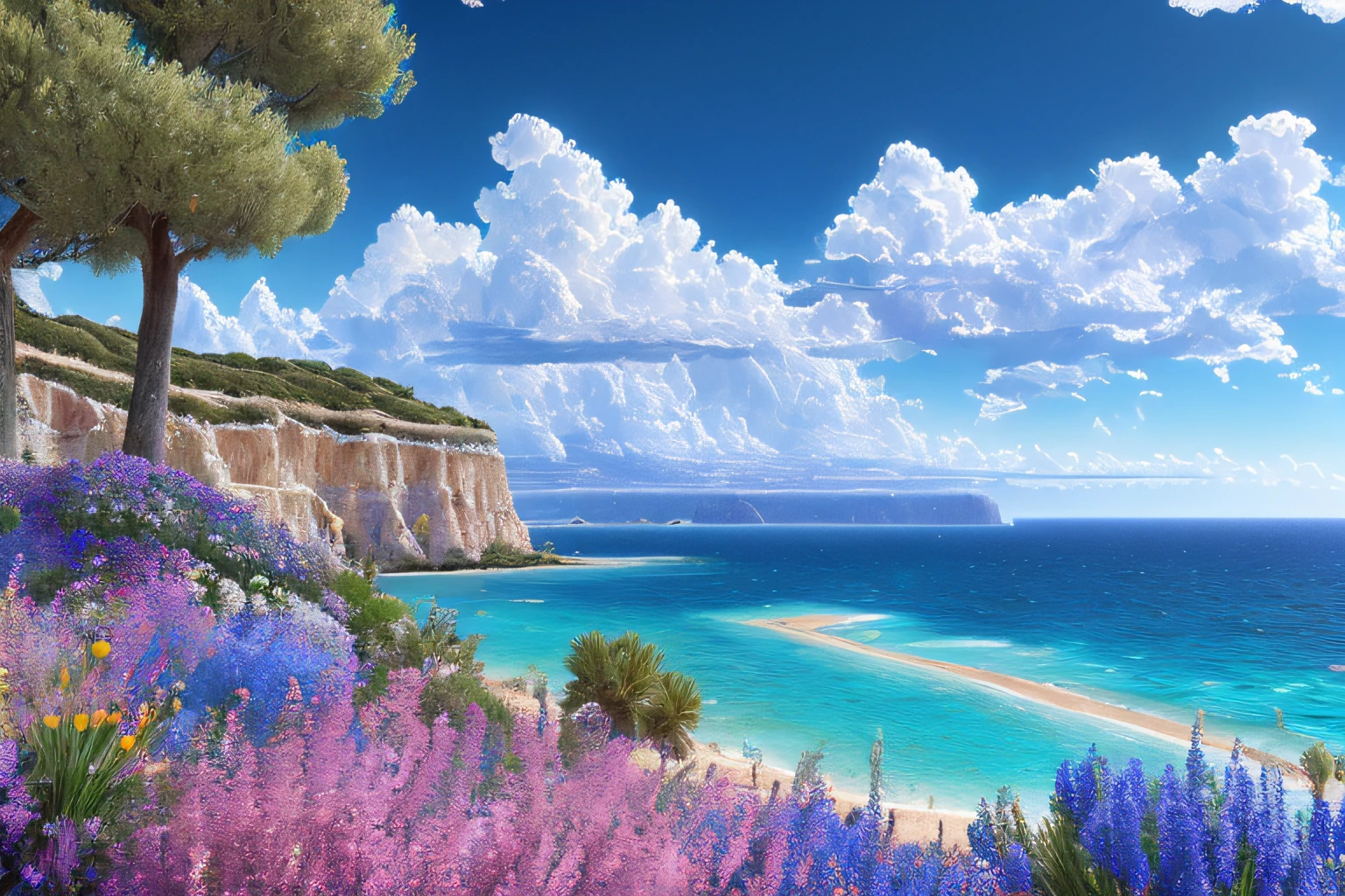 paysage futuriste, Eau bleu azur,fleurs  (Highly detailed CG Unit 8k wallpaper), The most beautiful work of art in the world, Professional majestic oil painting, complexe, High detail, mise au point nette, dramatique, Art of photorealist painting,