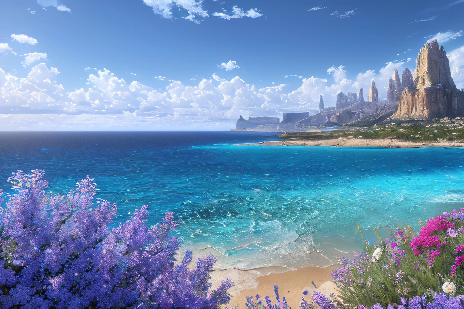 paysage futuriste, Eau bleu azur,fleurs  (Highly detailed CG Unit 8k wallpaper), The most beautiful work of art in the world, Professional majestic oil painting, complexe, High detail, mise au point nette, dramatique, Art of photorealist painting,