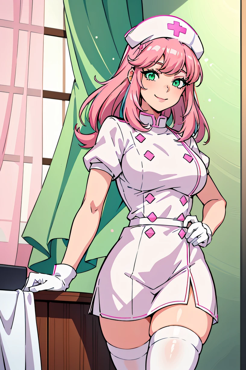 1woman, nurse, nurse cap, white wear, ((white legwear, zettai ryouiki)), white gloves, drooping eyes, green eyes, pink hairs, pink lips, smile, standing, ((hospital room)), sharp outline, short sleeves, mature female, 32 years old, best quality, masterpiece