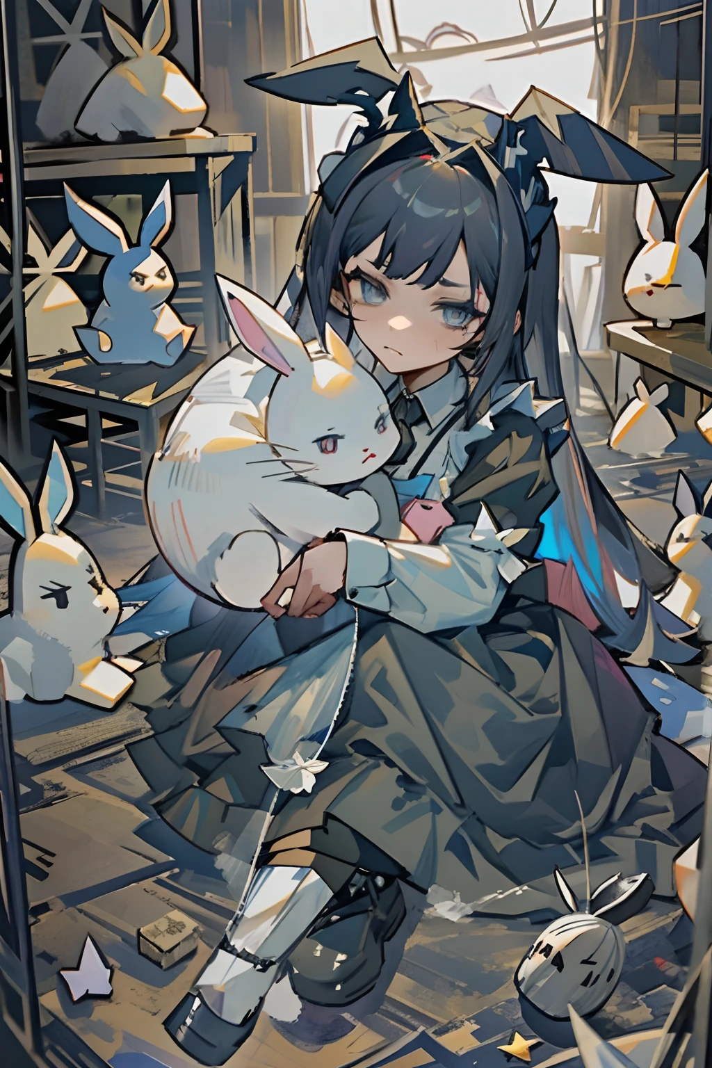 There was a girl sitting on a pile of stuffed animals, Dark hair, Blue eyes, (cowboy_Shot:1.2), Face focus, Long hair, side locks, Scared,(terrified:1.1) expression, Dressed in a gothic maid outfit,Holding a bunny doll, Atmospheric lighting, Moody, Darkness, In a birdcage-like prison, There are many scattered rabbit dolls on the ground, Dusty, Post-apocalypse, 锁链, masterful, Beautiful 8k wallpaper, Extremely detailed, iintricate,