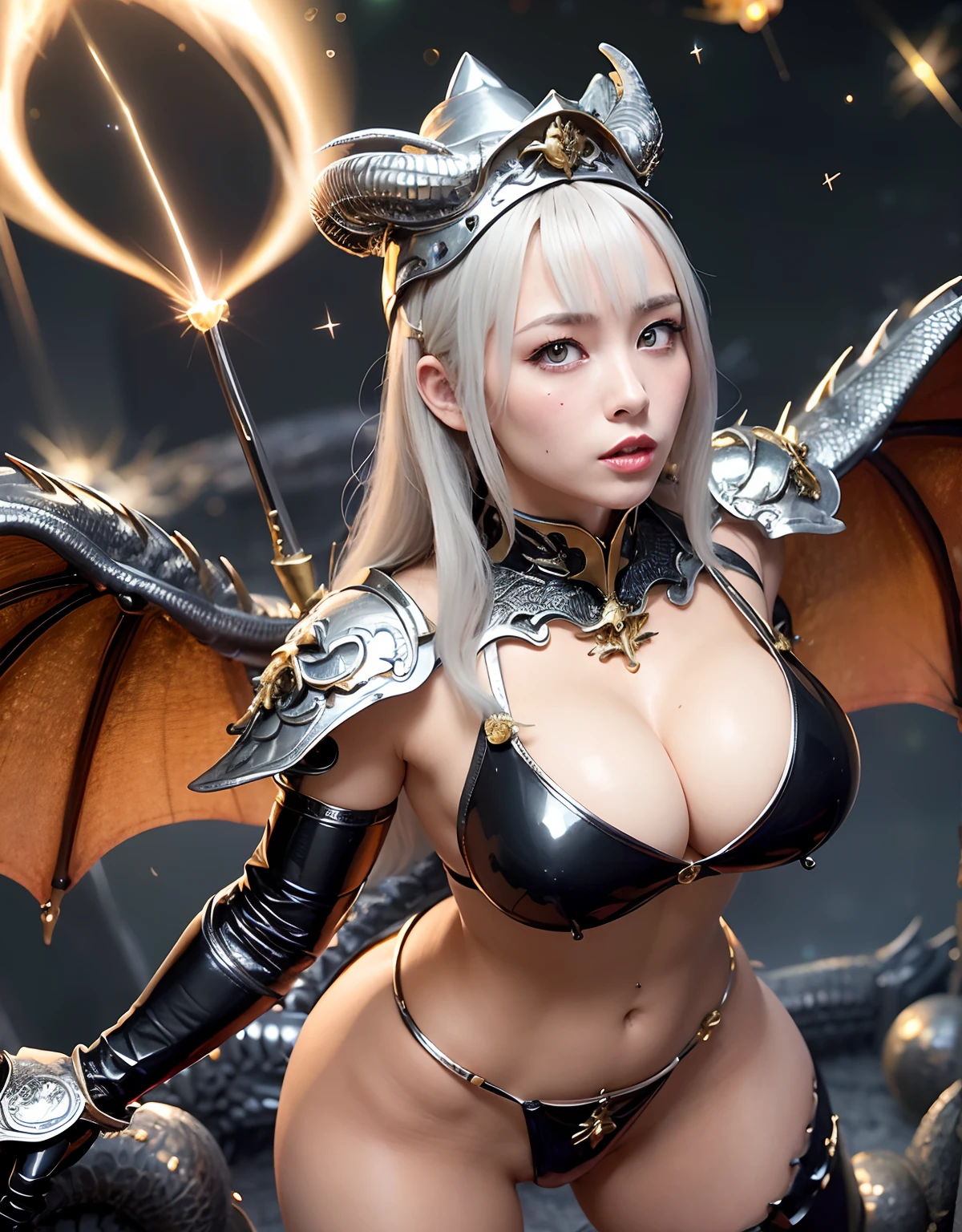 ((World of Darkness)),Professional , masterpiece、top-quality、photos realistic , depth of fields 、Golden Magic Wand、(((Fight dragons))),(Dragon Black Metal Body:1.9),(latex black-blue、(cleavage of the breast),(Fight dragons)、、(((Particles of light))),(Micro Bikini Armor:1.7),Gorgeous gold weapons ,(Fight dragons)、Seductive look、The face of the dragon is out、(blood splattere、Armpit、((((With a magic wand))), ) , (((Wearing a black latex wizard hat))),(demonic wings) ,((a blond))、(Castle background)、((Gangle's forest background))、Beautiful Caucasian beauty、1a person、Armpit、dynamic ungle,(((Detailed Silver Dragon Wizard Hat)))、Smaller head、A smile、Castle background、Thin and beautiful female hands、cleavage of the breast、Soldier in iron armor on background、Mystical expression、Light Effects、intense fighting、Wind-effect、magic circles、With the legendary magic wand、Dragon's tail、explosions、Toostock、Toostock、(Beautuful Women),