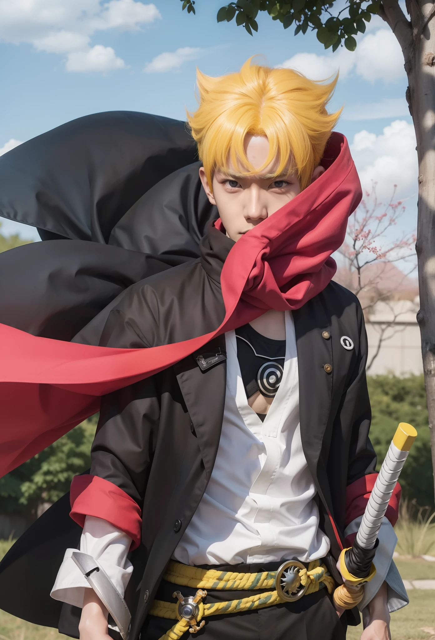 Real life adaption of this character,his name Uzumaki boruto from anime Naruto,Korean teen handsome face,(cool expression),realistic yellow messy hair,realistic light,realistic shadow,hyper realistic,realism,(photorealistic:1.2),realistic same outfit with katana on his waist