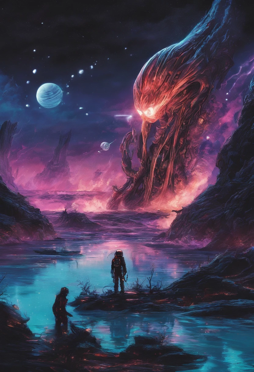An astronaut，walking on the water，See a large alien creature，（Translucent water sprite，It grows a pair of wings），Fly out of the sea，Splashes，Ambient blue lighting, There are plants, Rich in color，Lighting effects，film effect，tmasterpiece,The sky comes in many colors