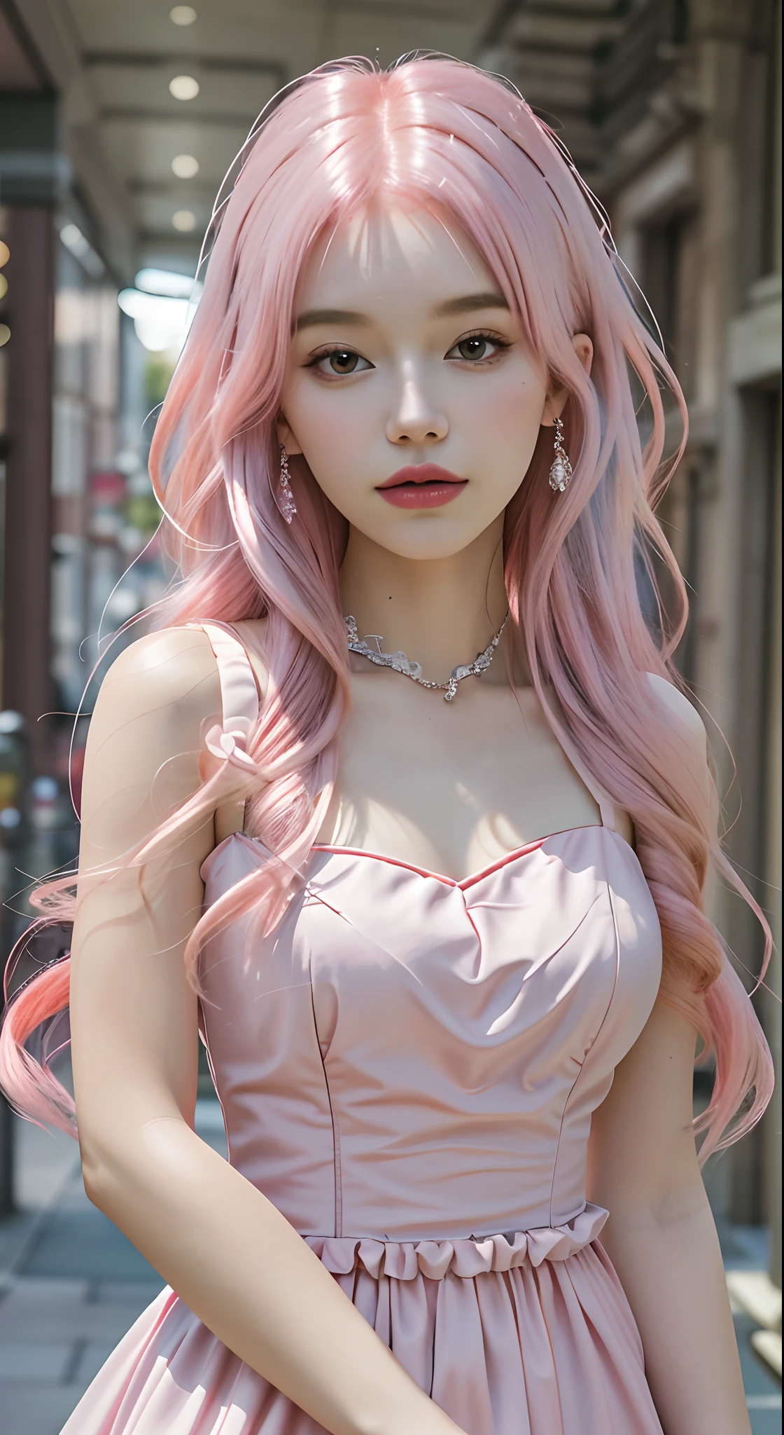 Best quality, solo, masterpiece, girl, upper body, pink hair, evening dress，（8K， RAW photos， best qualtiy， tmasterpiece：1.2）， （realisticlying， photograph realistic：1.4）