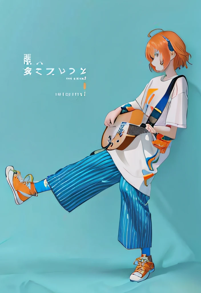 A woman in a white shirt and blue pants holds a guitar, orange and blue, orange and blue, Blue!! with orange details, orange and blue tones, Blue-orange, some orange and blue, blue and orange, blue and orange tones, Orange and blue color scheme, An anime cover, blue and orange color scheme, aya takano color style, peach and goma style