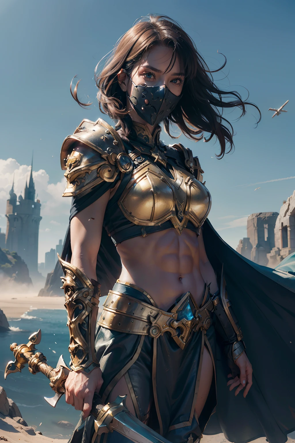 (((Well toned abs))), 8K, Ultra Definition, Mask pieces, of the highest quality, (Very detailed), Dynamic angles, mysterious look, Wind-effect, Fantasy background, Rim lighting, Cinematic lights, Ultra High Resolution, 8K UHD, Film grain, better shadows, Gentle, raw, light Particle, Detailed skin texture, detailed armor texture, Detailed face, Intricate details, super detailed, Bright, Strong, golden armour, (Holding hammer), Slashing, Crushing action, pauldron, Long cape, Fantasy, (Realistic), Shoulder Armor, Convoluted, with an intricate, Perfect Lighting, watching viewer, Cinematic lighting, Flying Keywords: Flying, Holy Light, Vibrant, Bangs, Wind, Paladin
