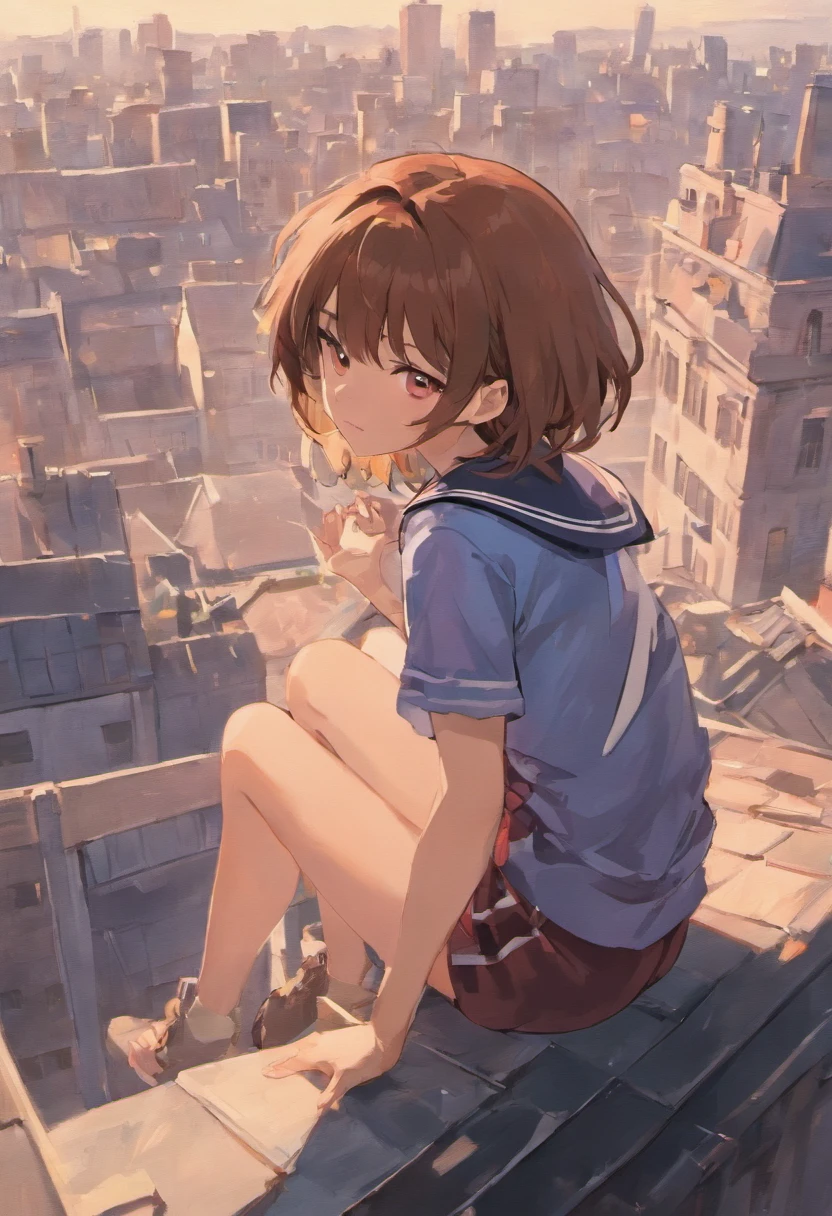 Short brown hair JK sailor suit girl，beast ear，Sit sideways on the rooftop of the building，beautiful weather，Top view