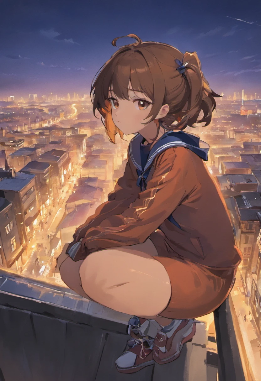 Short brown hair JK sailor suit girl，beast ear，Sit sideways on the rooftop of the building，beautiful weather，Top view