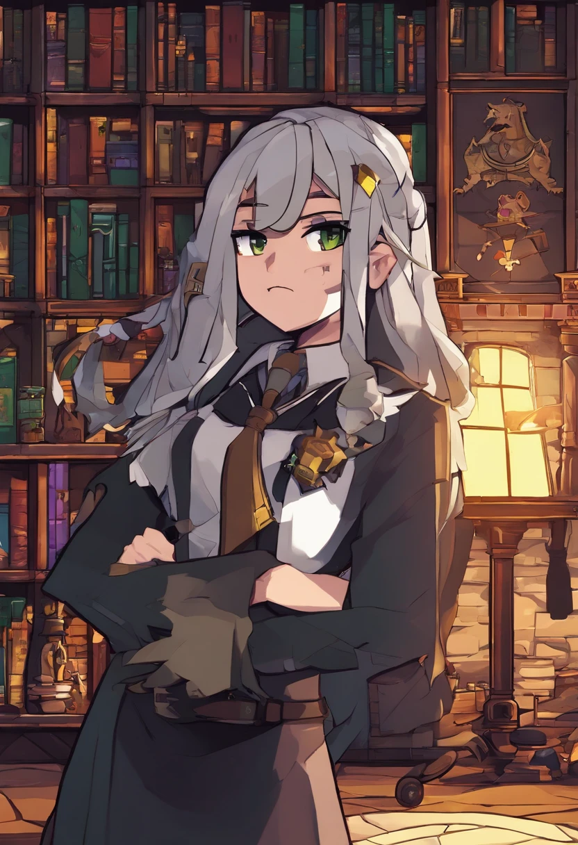 (hight resolution, Best Quality:1.2), brilliance, soft contour, a beautiful painting, Cowboy Shot, (masutepiece), 1girl in, Beautiful Girl, Hogwarts Background, Background of the magical world, Background inside the mansion, Shadow Window, Hogwarts Background, Black background, hogwarts school uniform, hogsks, Slytherin, Gray hair in a ponytail, Yellow eyes, Angry look, School Dress, Long skirt, Green tie, cool lady