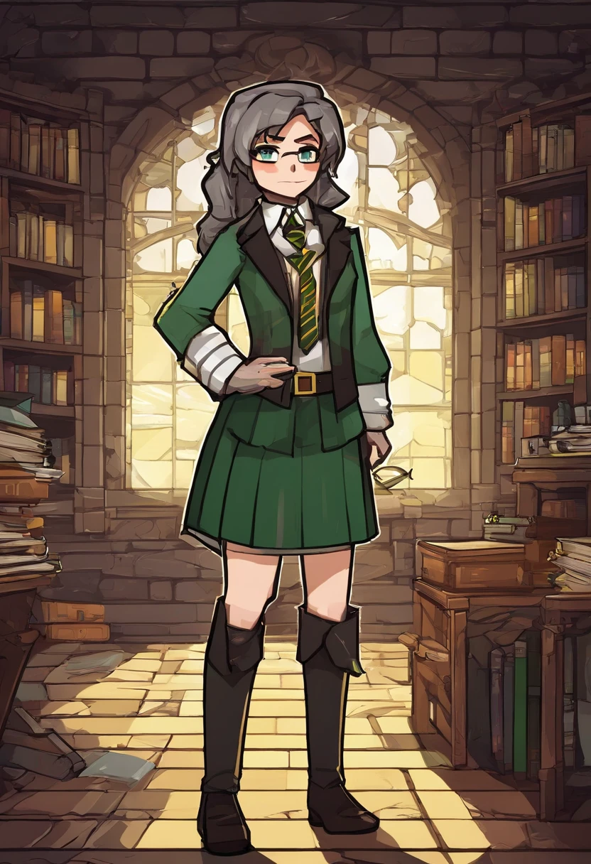 (hight resolution, Best Quality:1.2), brilliance, soft contour, a beautiful painting, Cowboy Shot, (masutepiece), 1girl in, Beautiful Girl, Hogwarts Background, Background of the magical world, Background inside the mansion, Shadow Window, Hogwarts Background, Black background, hogwarts school uniform, hogsks, Slytherin, Gray hair in a ponytail, Yellow eyes, Angry look, School Dress, Long skirt, Green tie, cool lady
