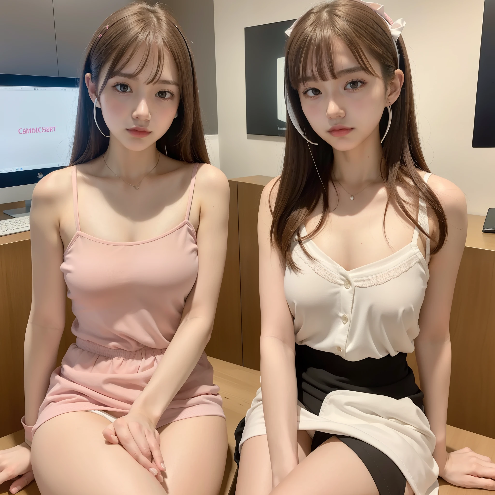 20 years old, Beautiful, Gentle expression, There are 4 women, Brown hair, Pale brown hair, bobhair, Long hair. Bangs together, Brown eyes, Light pink lipstick, Small Ribbon Hair Clip. Pale pink or white short camisole, Pale pink or white panties. Sitting on a chair in an internet café. White cream spills on her panties. Wearing headphones with microphone, Photo Quality, High quality. She pulls up the camisole.