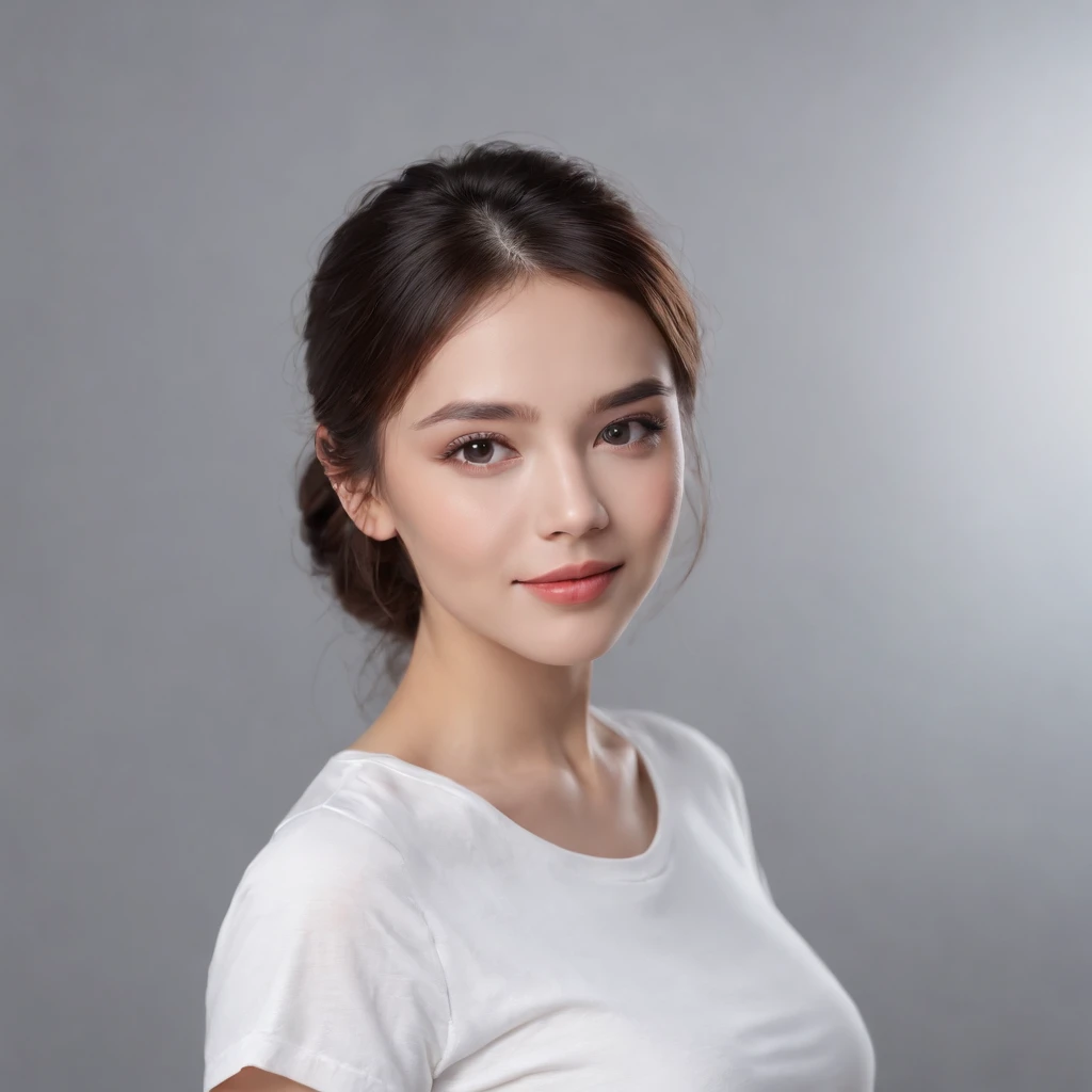 (photo: 1.3) af (realism: 1.4), (((white T-shirt))), super high resolution, (realism: 1.4), 1 girl, female avatar, soft light, black hair, smile, Face in focus, cheerful, (blonde lady),, young, confident,, ((gray background)), (((monochrome background))), high definition, details, slightly looking up, perfect picture, movie quality, ultra high definition, Female avatar, beautiful girl, young and beautiful, exquisite face, elegant and luxurious,(close-up)