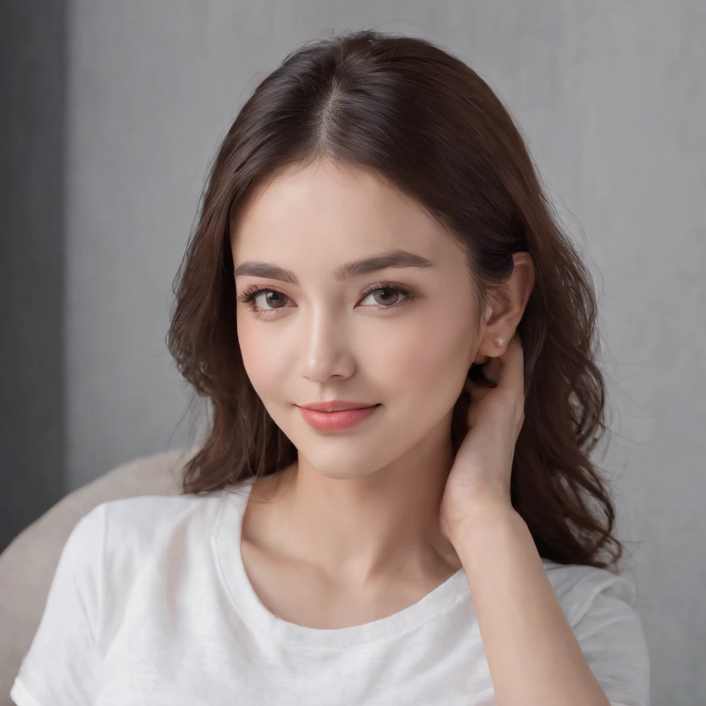 (photo: 1.3) af (realism: 1.4), (((white T-shirt))), super high resolution, (realism: 1.4), 1 girl, female avatar, soft light, black hair, smile, Face in focus, cheerful, (blonde lady),, young, confident,, ((gray background)), (((monochrome background))), high definition, details, slightly looking up, perfect picture, movie quality, ultra high definition, Female avatar, beautiful girl, young and beautiful, exquisite face, elegant and luxurious,(close-up)