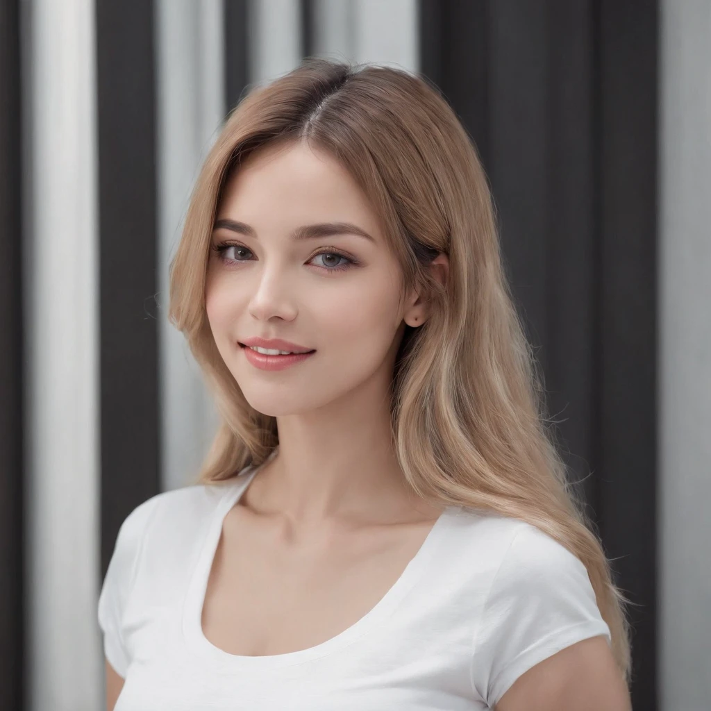 (photo: 1.3) af (realism: 1.4), (((white T-shirt))), super high resolution, (realism: 1.4), 1 girl, female avatar, soft light, black hair, smile, Face in focus, cheerful, (blonde lady),, young, confident,, ((gray background)), (((monochrome background))), high definition, details, slightly looking up, perfect picture, movie quality, ultra high definition, Female avatar, beautiful girl, young and beautiful, exquisite face, elegant and luxurious,(close-up)
