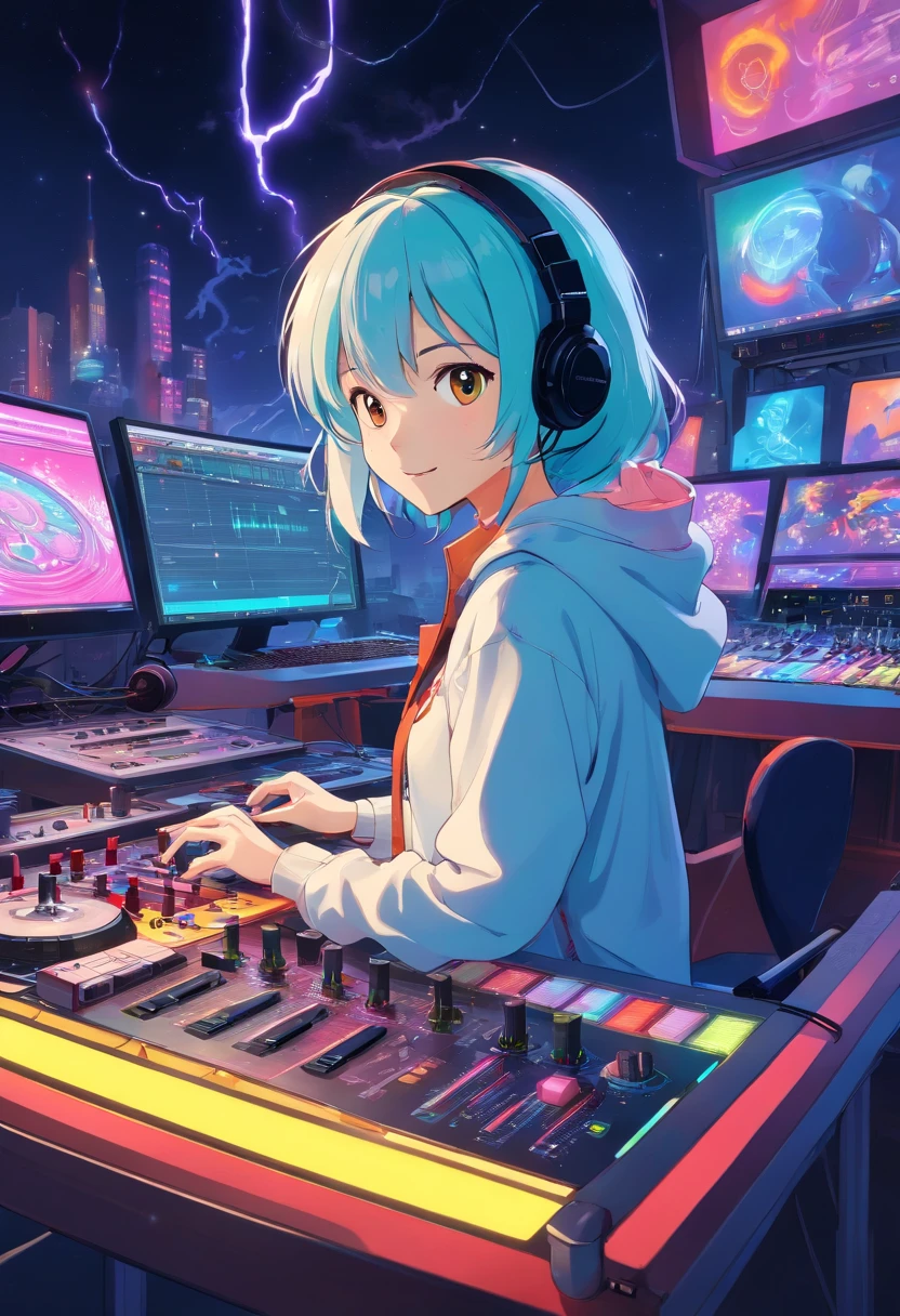 (masterpiece、top-quality、8K )、Bird View、Overhead camera work、Anime slender with colorful hair and headphones sitting on laptop inorganic table, creature,Lightning, Neon rays, Beauty, Futuristic modern, Rock star, lock, urgent, Perfect, epicd, Bright colors, Volume Lighting, Best Shadows, Shallow depth of field, (of the highest quality, Amazing details: 1,25), Brilliant Colorful Paintings, Fancy, Magic, flicker, Glare, Neon Garland,intricate detailes,ultra-detailliert、one girls、Grinning 、(Live Stage:1.3),(turntable、Mixing Machine、Sampling Machine、Rhythm Box、mixer,synthesizer、Monitors:1.2),Stage Live Background、Spotlight from behind、Hyper realistic,Perfect Anatomy
