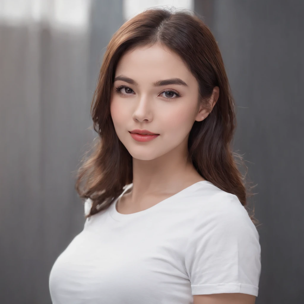 (photo: 1.3) af (realism: 1.4), (((white T-shirt))), super high resolution, (realism: 1.4), 1 girl, female avatar, soft light, black hair, smile, Face in focus, cheerful, (blonde lady),, young, confident,, ((gray background)), (((monochrome background))), high definition, details, slightly looking up, perfect picture, movie quality, ultra high definition, Female avatar, beautiful girl, young and beautiful, exquisite face, elegant and luxurious,(close-up)