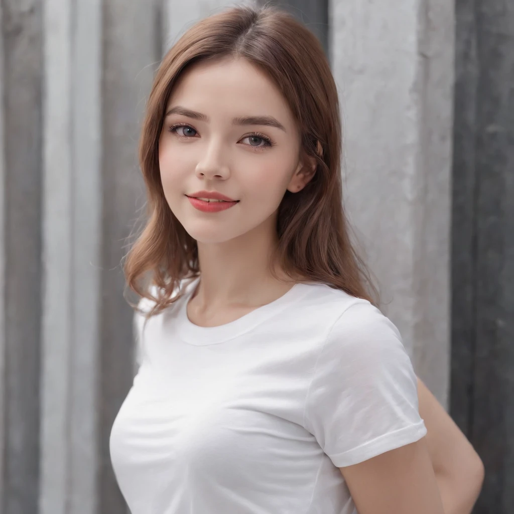 (photo: 1.3) af (realism: 1.4), (((white T-shirt))), super high resolution, (realism: 1.4), 1 girl, female avatar, soft light, black hair, smile, Face in focus, cheerful, (blonde lady),, young, confident,, ((gray background)), (((monochrome background))), high definition, details, slightly looking up, perfect picture, movie quality, ultra high definition, Female avatar, beautiful girl, young and beautiful, exquisite face, elegant and luxurious,(close-up)