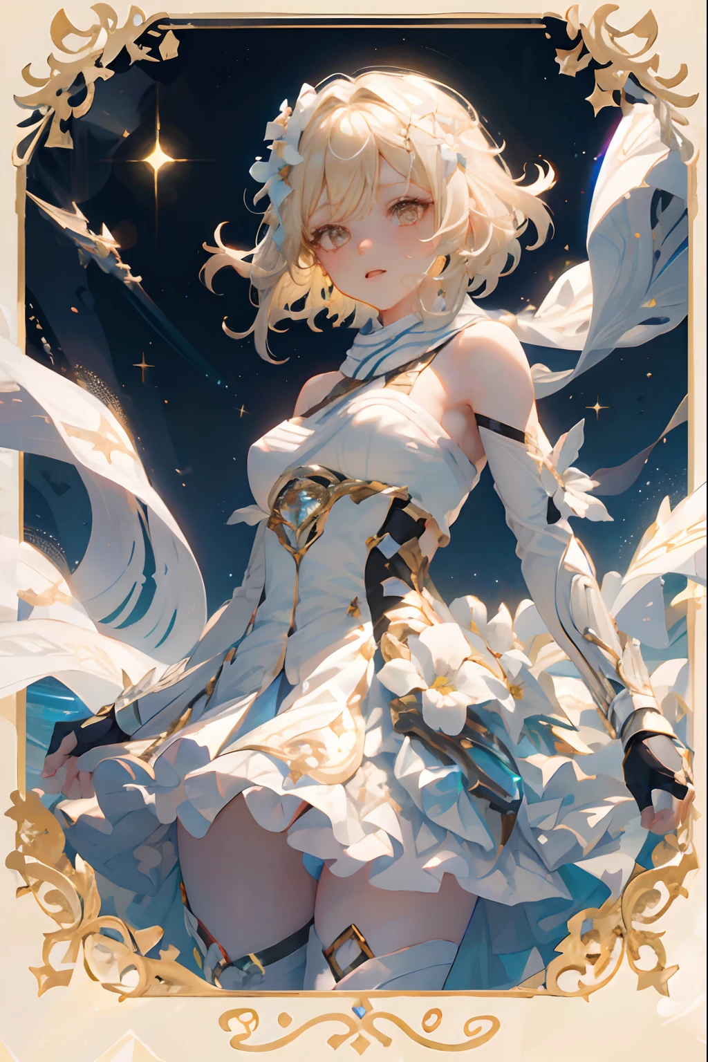 1 girl solo, short blond hair, white flower hair ornament, white dress, bare shoulders, detached sleeves, long white stockings, fingerless gloves, iridescent light, glowing rainbow crystals, sparkles, stars, floating in space, dark background with stars and galaxies, golden frame