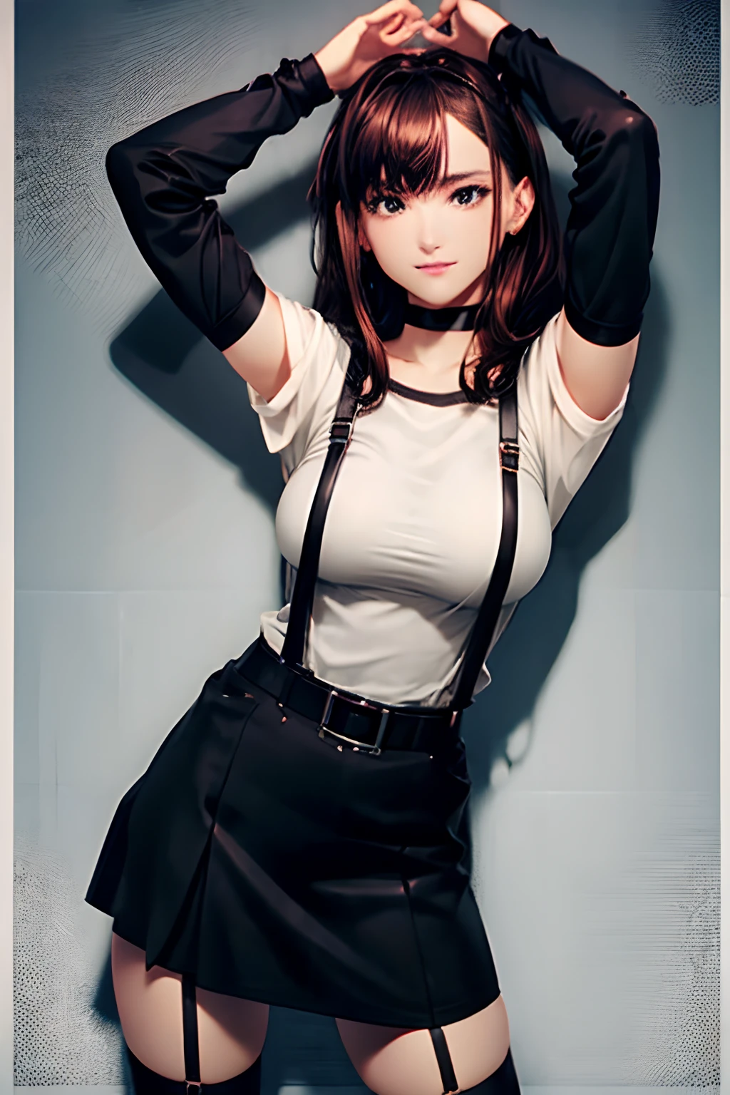 Black skirt, suspenders, Brown hair Gray eyes, Garter belt on the legs, Tight clothes, a belt Armpit sweat Dark look Moderately breasts holster chain poneyTail